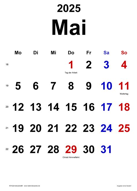 Kalender Mai 2025 Als Excel Vorlagen