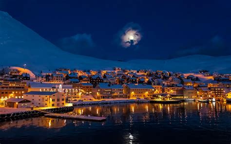 Night, city town, moon, mountains, snow, winter, house, lake, lights ...
