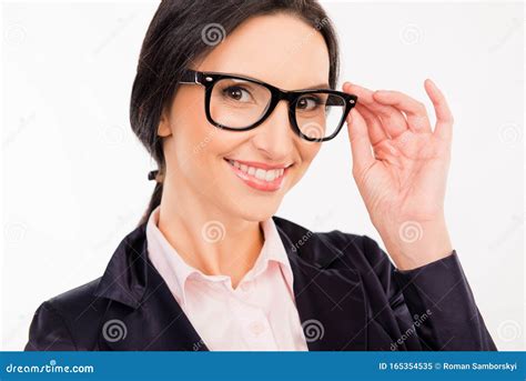Smart Beautiful Woman In Glasses Smiling And Adjusting Her Glasses Stock Image Image Of