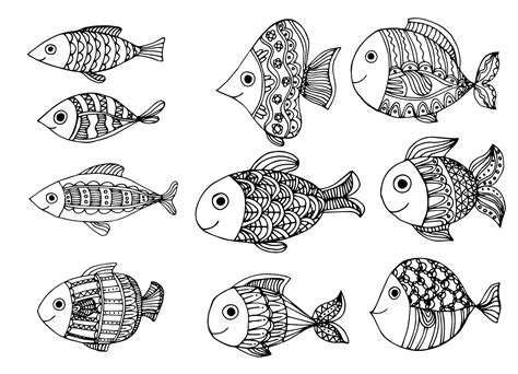 Coloring Page Different Cute Fish For Kids Freehand Sketch Drawing For
