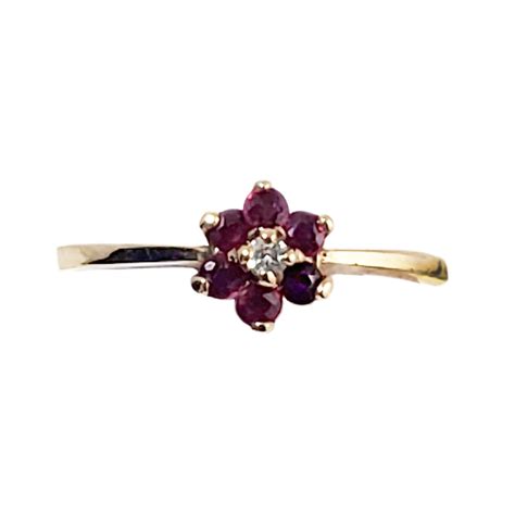 Vintage 10k Gold Ruby And Diamond Ring Dainty Flower Design Size 6