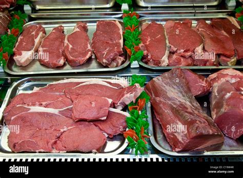 Cuts Of Beef On Display In A Butchers Shop Stock Photo Alamy