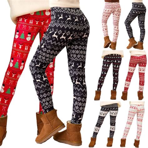 Women Xmas Snowflake Reindeer Print Leggings Trousers High Waist Elastic Strech Christmas Party