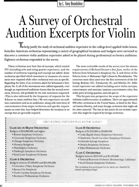 A Survey Of Orchestral Audition Excerpts For Violin L Tony Brandolino 1999