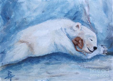 Sleeping Buddies Aceo Baby Polar Bear And Mouse Painting