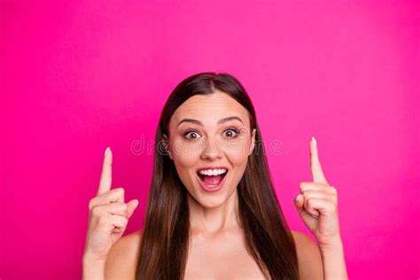 Closeup Photo Of Funny Lady Indicating Fingers Up Empty Space Showing