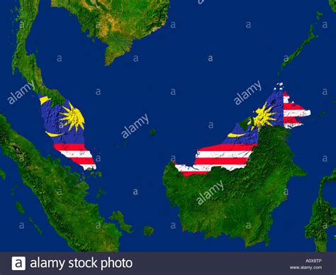Satellite Image Of Malaysia Covered By That Countrys Flag Stock Photo