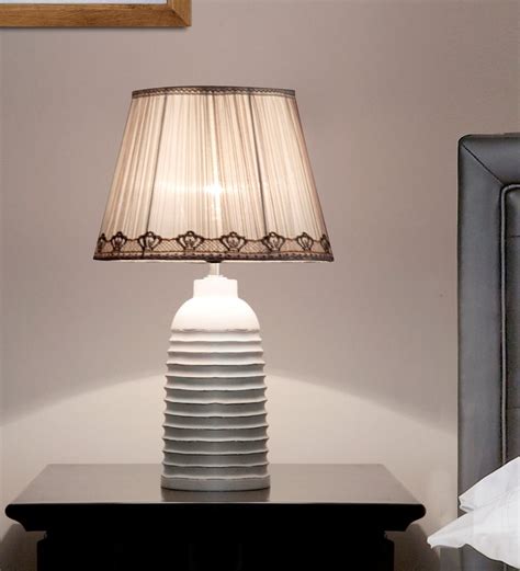 Buy White Fabric Shade Table Lamp With White Base By Kapoor E