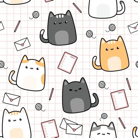 Cute Chubby Cat With Office Stuff Cartoon Doodle Seamless Pattern