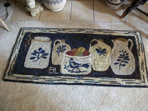Primitive Hooked Rug With Crocks Designed By Bonnie Hooked Rugs