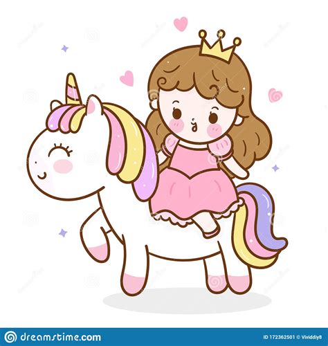 Cute Unicorn Princess Vektor Kawaii Tjejen Cartoon Ride Pony Child