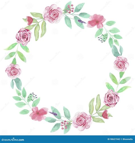 Watercolor Garland Summer Roses Red Wreath Wedding Leaves Stock Illustration Illustration Of