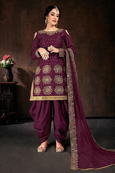 Buy Purple Zari Embroidered Cotton Silk Punjabi Suit Online Like A Diva