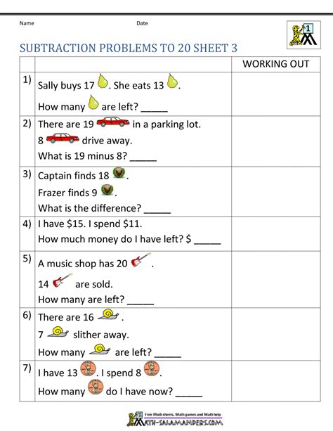 Subtracting To 20 Worksheets