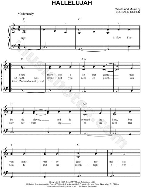 For piano, voice, and guitar (chords only). Leonard Cohen "Hallelujah" Sheet Music (Easy Piano) in C ...