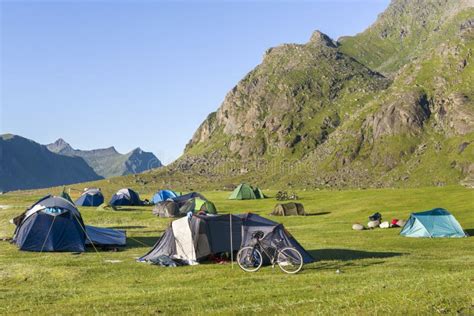 Cycling And Camping At Lofoten Island Norway Stock Photo Image Of