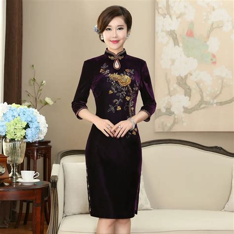 chinese traditional velvet dress women s middle sleeves cheongsam china dress dresses