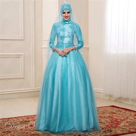 2017 Light Blue Ball Gown Muslim Wedding Dresses Hijab Lace 34 Sleeves High Neck Dubai Bridal