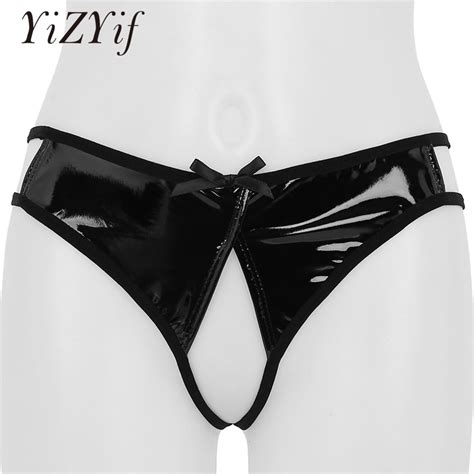 Sexy Womens Lingerie Wet Look Faux Leather Crotchless Bikini Briefs Low