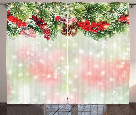 Christmas Curtains 2 Panels Set Evergreen Fir Branches With Red Ripe