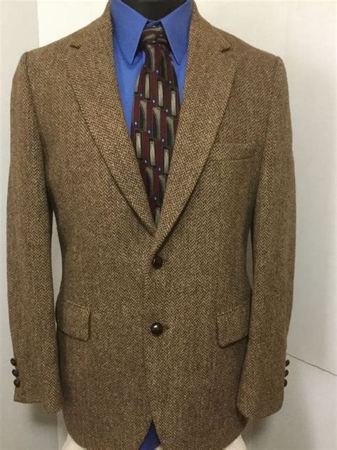 Vtg Harris Tweed Scottish Wool Brown Herringbone Sack Blazer Sportcoat