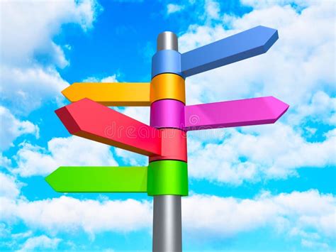 Colorful Road Direction Arrows Signs On Blue Cloud Sky Background Stock