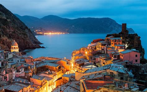 Cityscape Building Sea Lights Italy Vernazza Cinque