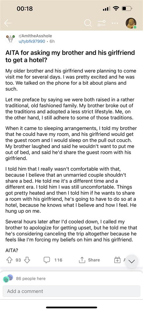 AITA for asking my brother and his girlfriend to get a hotel? (not OP