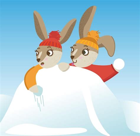 Premium Vector Two Rabbits Hide Behind A Snowdrift Cute Rabbit In