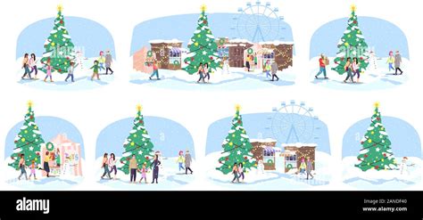 Christmas Fair Flat Vector Illustrations Set Winter Market Stalls Fairground With Xmas Tree