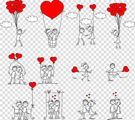 Couple Holding Heart Balloons Illustration Drawing Romance Love Stick