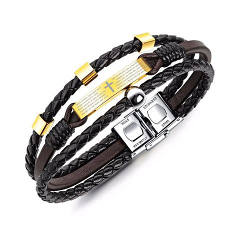 Fashion Leather Bracelet For Men Black Braid Multilayer Rope Cross