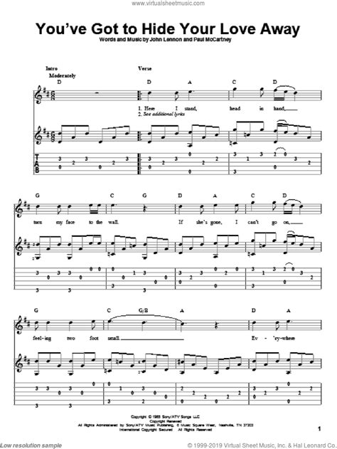 Beatles Youve Got To Hide Your Love Away Sheet Music Intermediate For Guitar Solo