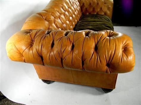 Large Camel Back Button Tufted Caramel Leather Sofa Lot 71
