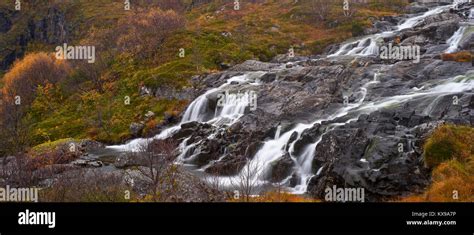 Waterfall Near Sorvagen Moskenesoya Lofoten Nordland Norway Stock
