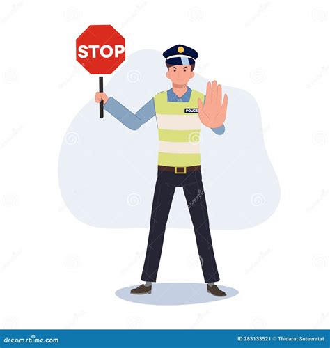 A Traffic Police Holding Stop Sign And Gesturing Hand Stop Flat Vector