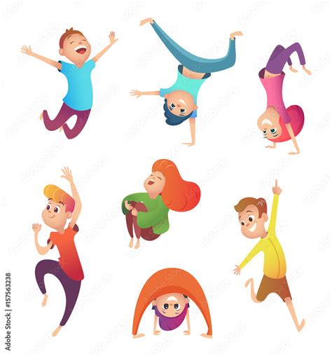 Happy Kids In Motion Children In Different Poses And Action Cartoon
