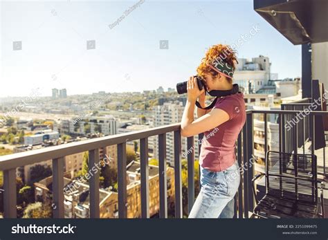 Ginger Young Woman Making Photos Balcony Stock Photo 2251099475