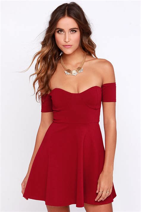Sexy Wine Red Dress Off The Shoulder Dress Skater Dress 4400