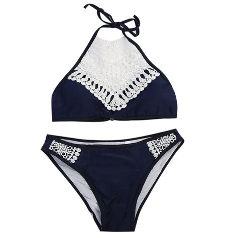 lace patchwork 2018 summer women bikini set sexy halter bandage brazilian bathing suit female