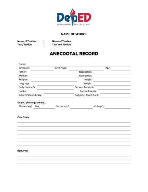 Anecdotal Record Free Template