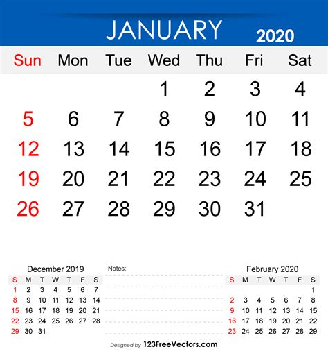 Free Free Printable January 2020 Calendar