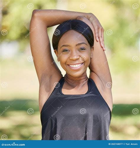 black woman portrait fitness and stretching arms in nature park for healthcare wellness relax