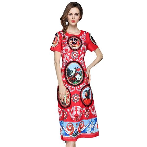 2018 Summer Women Dress O Neck Short Sleeve Retro Floral Print Dress European Style Beach Midi