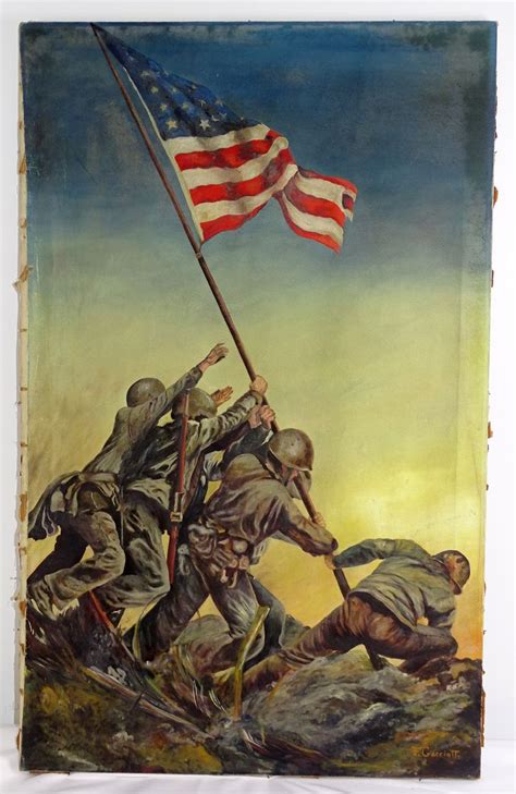 Large Wwii Era Painting Of The Iwo Jima Flag Raising 25 Inches By 40