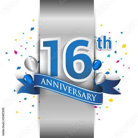 16th Anniversary Logo With Silver Label And Blue Ribbon Balloons