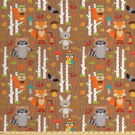 Woodland Fabric By The Yard Cartoon Pattern With The Animals Of The