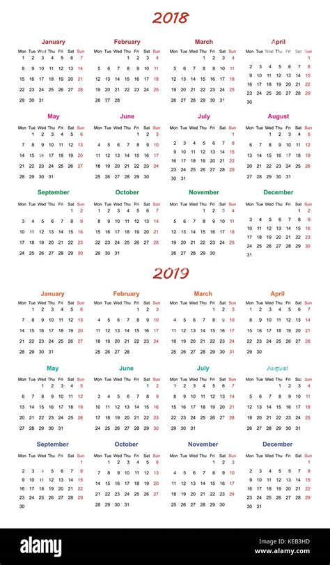 12 Months Calendar Design 2018 2019 Printable And Editable Stock Vector