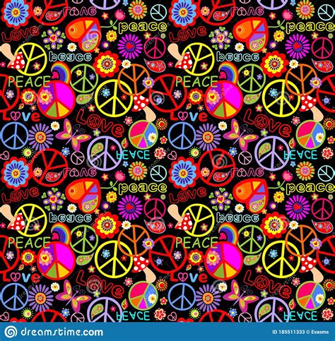 Funny Seamless Wallpaper With Colorful Hippie Print With Peace And Love