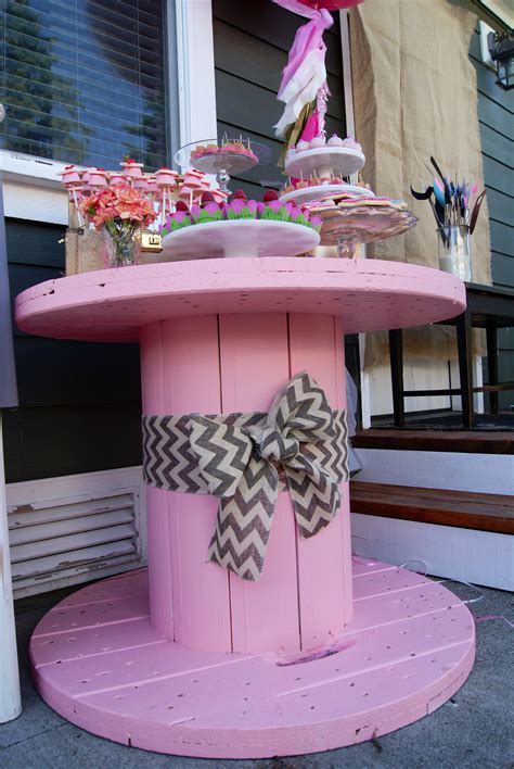 Love this giant pink spool as a dessert table | Cable spool, Spool ideas, Wooden spool projects